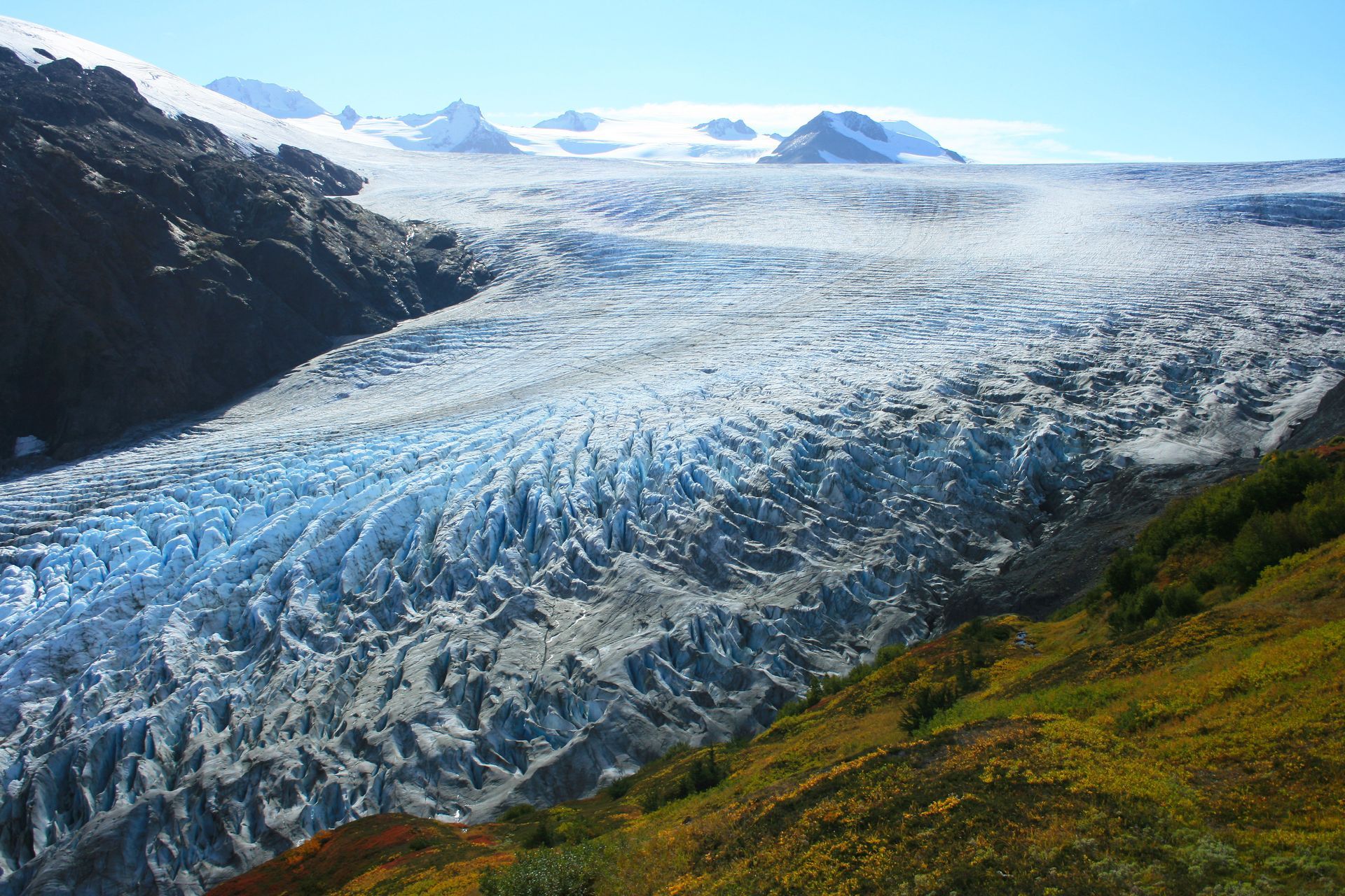 A vast, blue-tinted glacier flows between rugged mountain slopes with vibrant green and yellow foliage in the foreground.