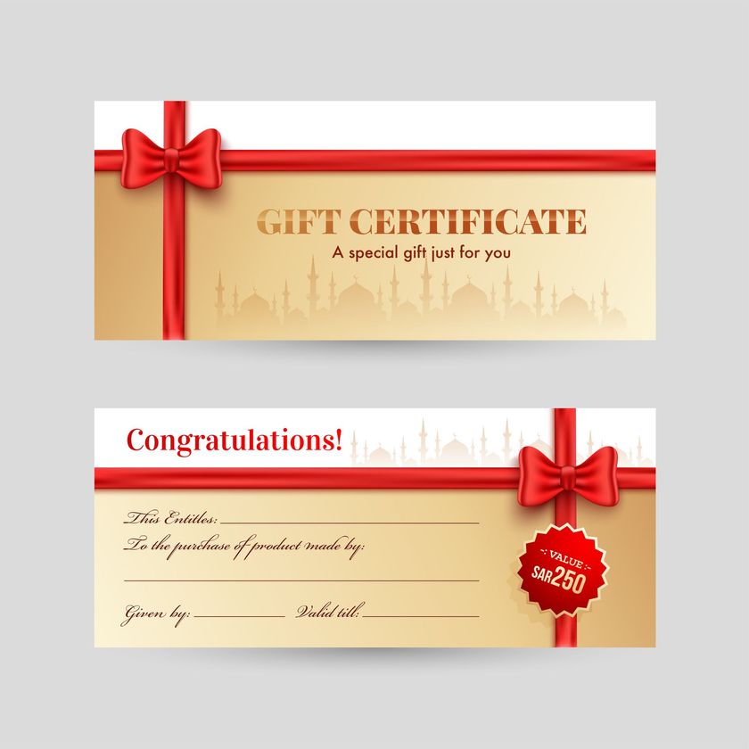 A gift certificate with a red ribbon and bow