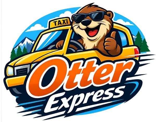 Otter Express taxi logo with a smiling otter in sunglasses driving a yellow car