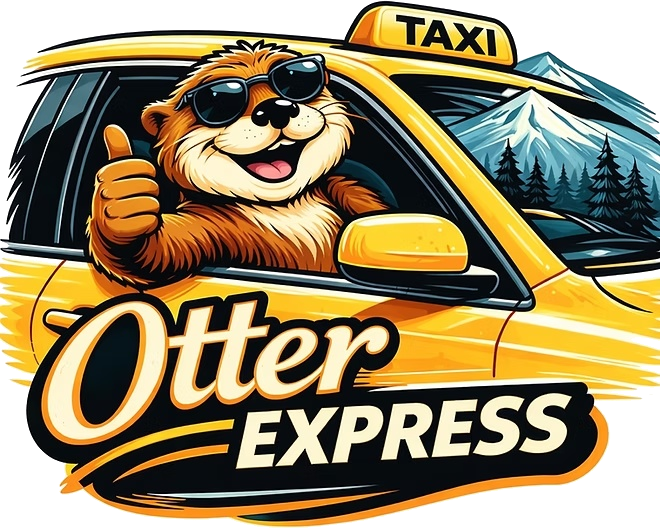 Cartoon otter taxi logo with sunglasses, thumbs-up, and “Otter Express” text in yellow and black