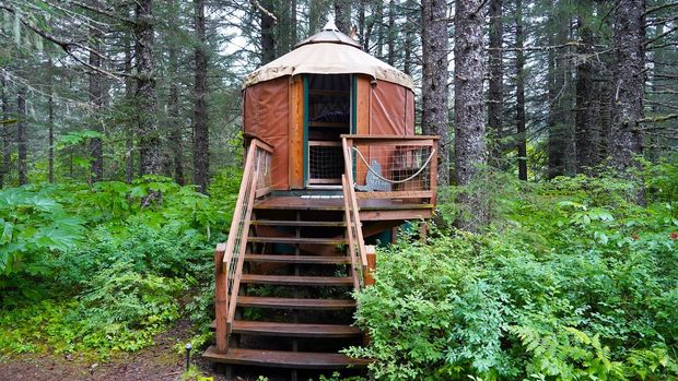 Wooden yurt with a deck, accessed by stairs, surrounded by green foliage in a forest.