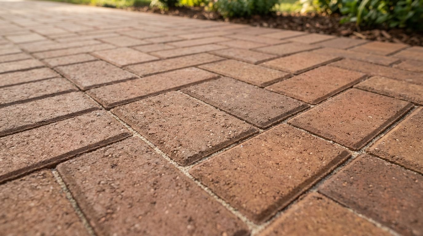 A low-angle view of a walkway made of rectangular, reddish-brown stone pavers arranged in a herringbone pattern.
