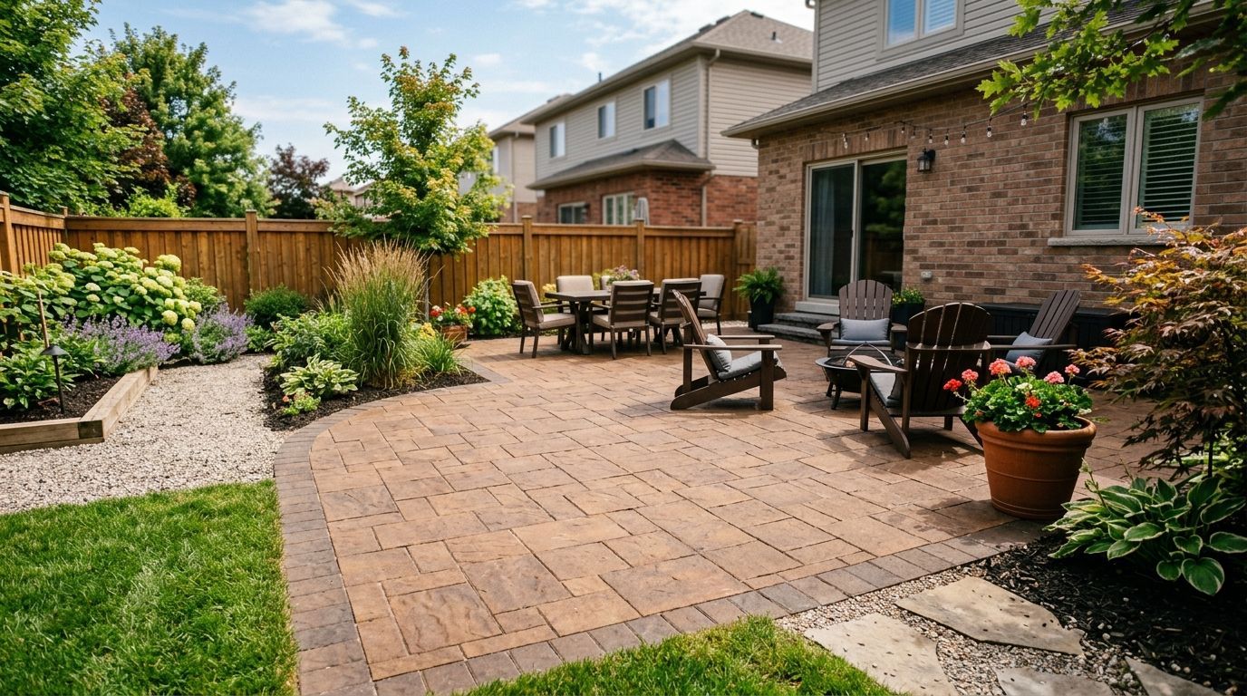 A curved stone garden bed with dark mulch and yellow leaves, surrounded by paved walkways and landscaping.