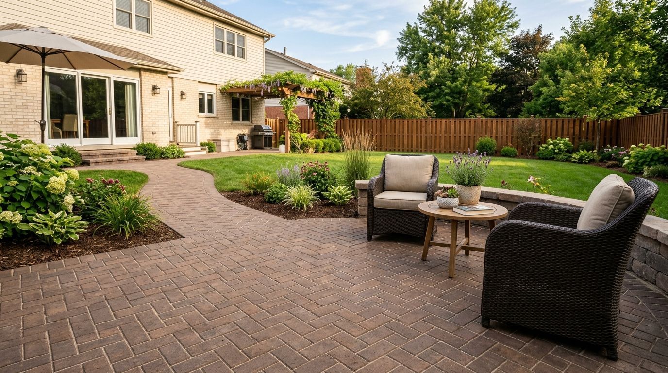 A sunny, paved patio garden featuring a hanging egg chair, various potted plants, a small shed, and a metal garden arch.