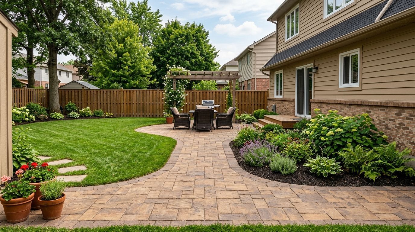A sunny, paved patio garden featuring a hanging egg chair, various potted plants, a small shed, and a metal garden arch.