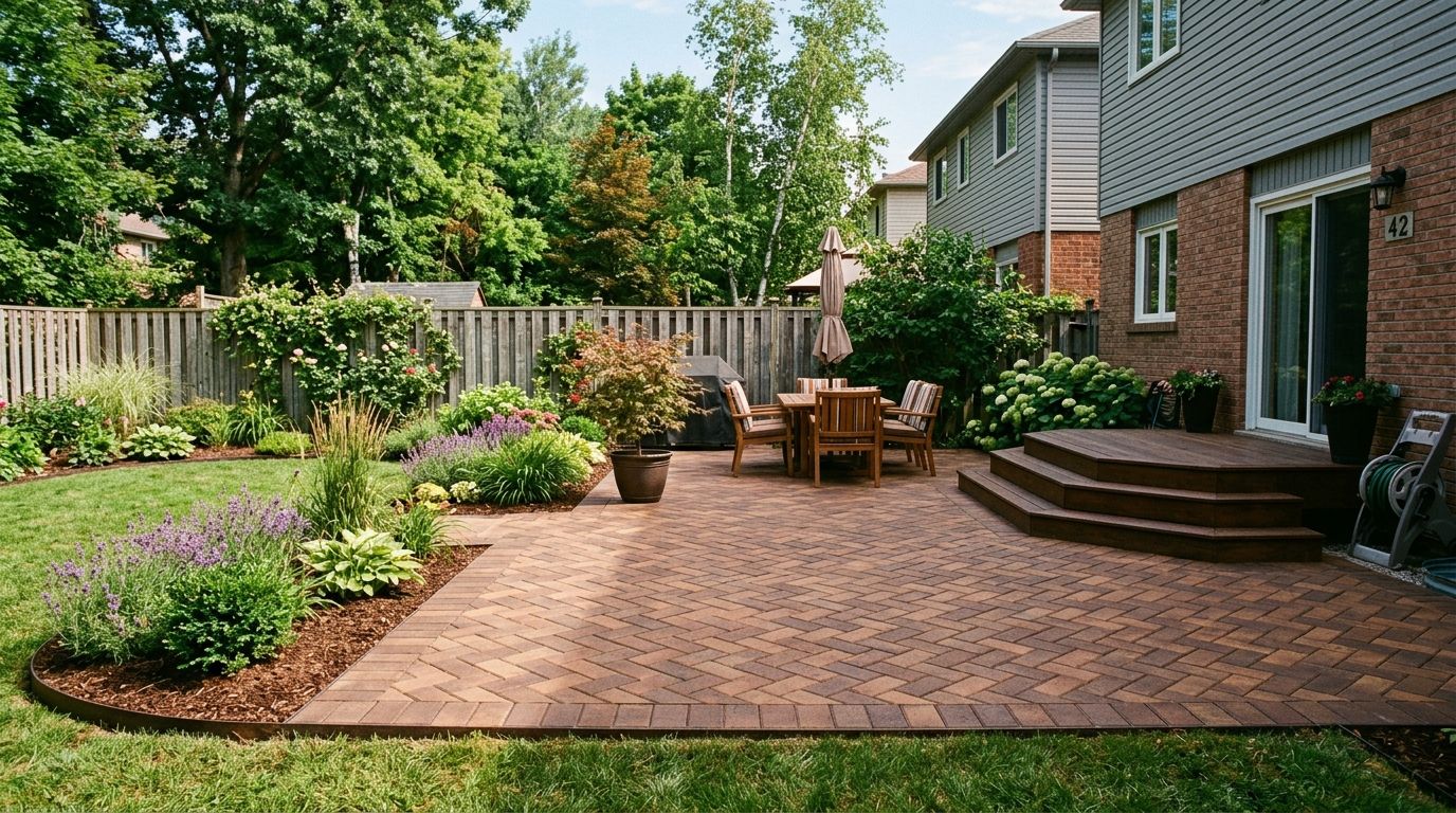 A stone wall borders a paved patio with a gravel drainage strip, set against a backdrop of trees and trimmed hedges.