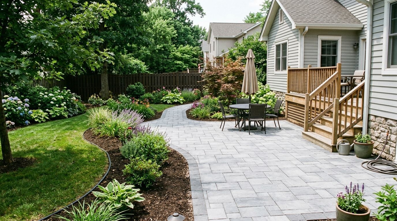 Small white and pink daisy-like flowers grow in the crack between light grey patio paving stones.