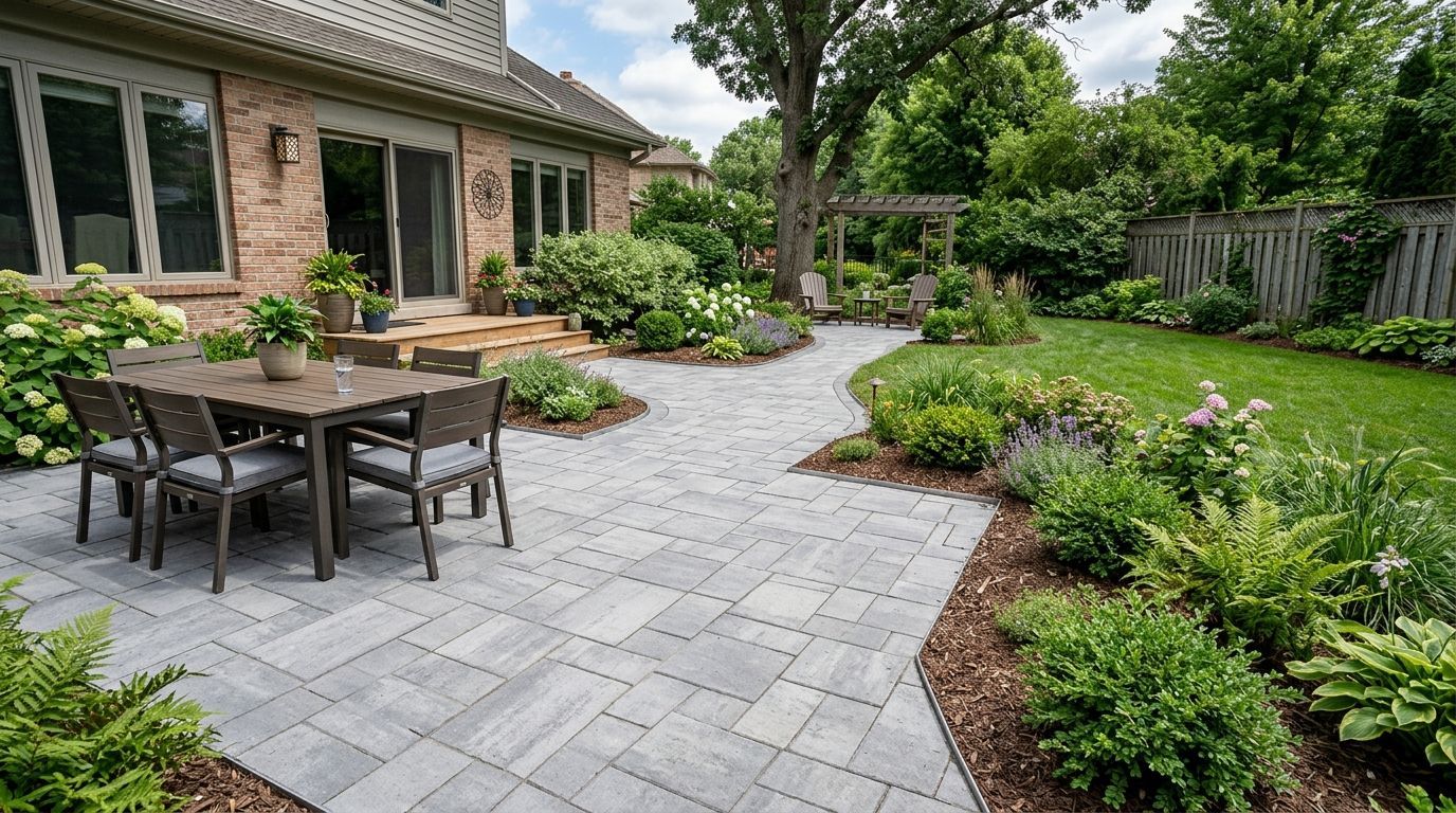Stone pavers in a herringbone pattern are dappled with sunlight and the long, sharp shadows of palm tree fronds.