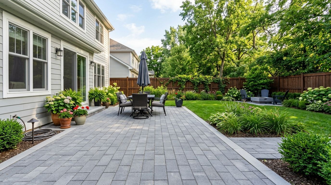 A wooden deck with a dark finish overlooks a backyard with trees, a small canal, and a white fence.