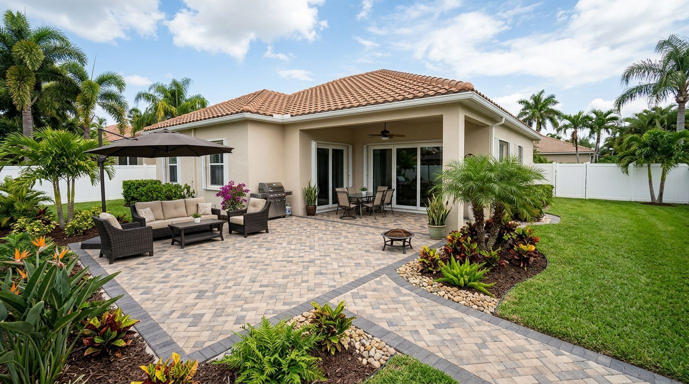 A stone-paved garden corner featuring a metal wringer on a table, a small tree, and a stone bench filled with terracotta pots.