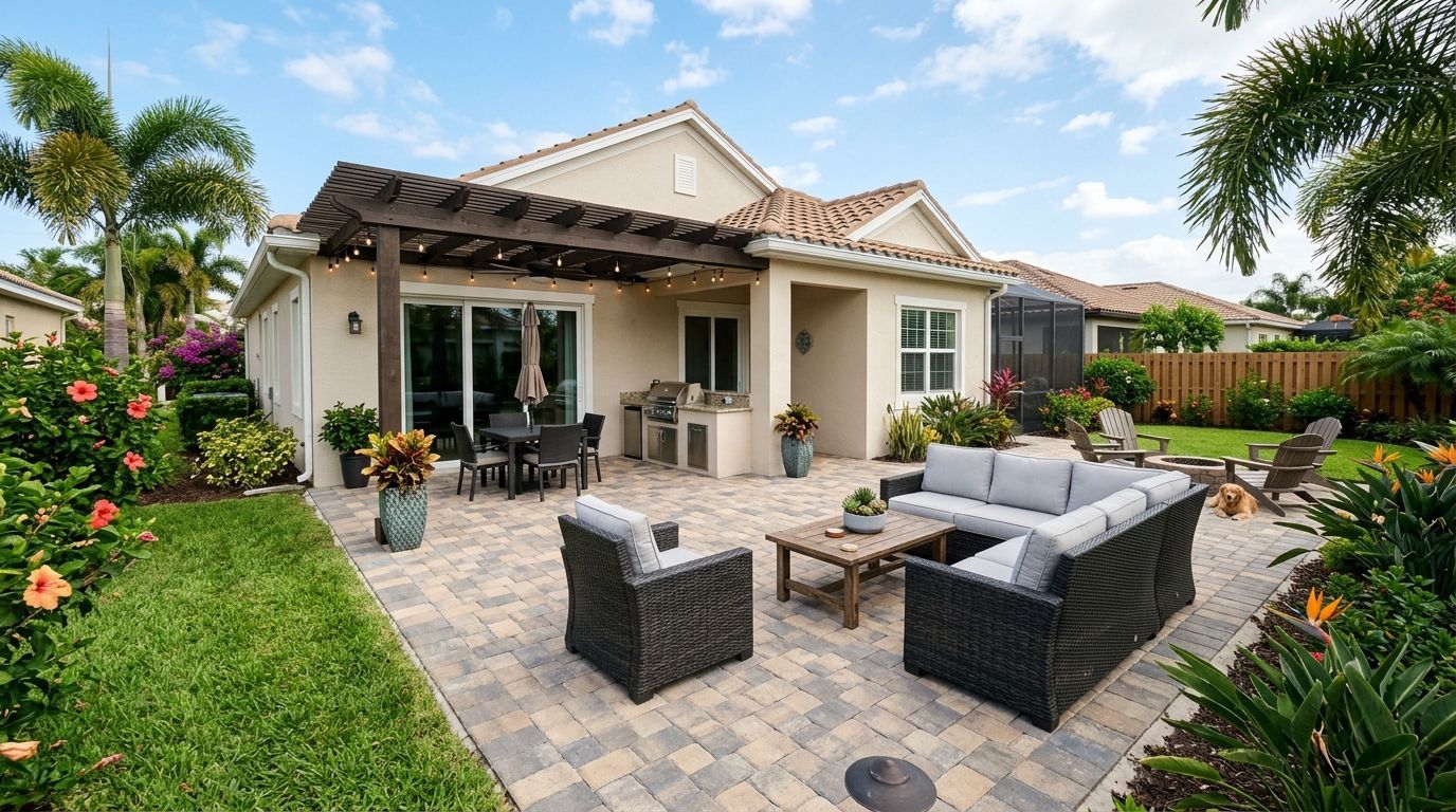 A stone patio in a herringbone pattern with long, dark, organic shadows cast across the surface.