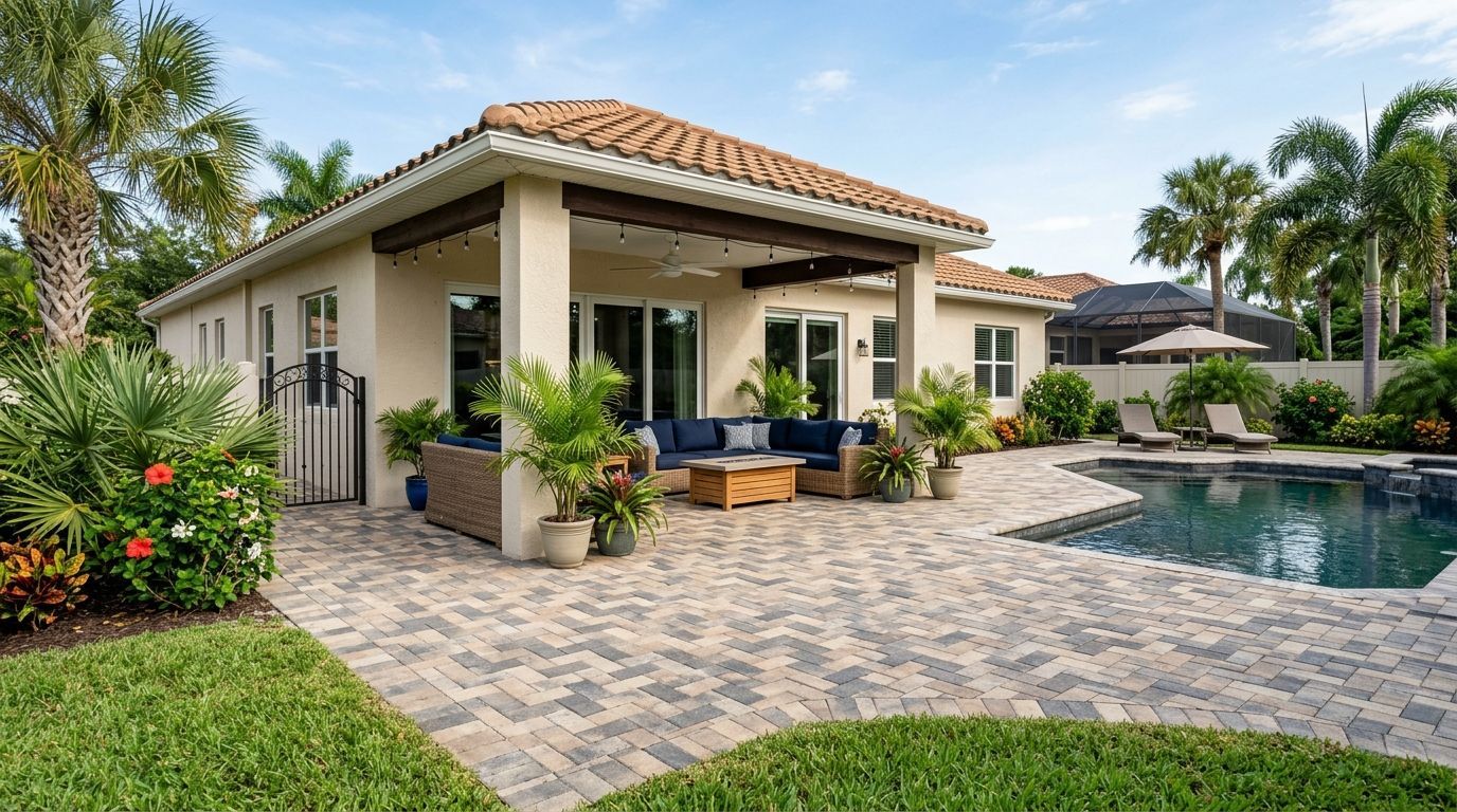 A secluded stone courtyard features a weathered antique wringer, potted plants, and clay pots arranged on a stone bench.