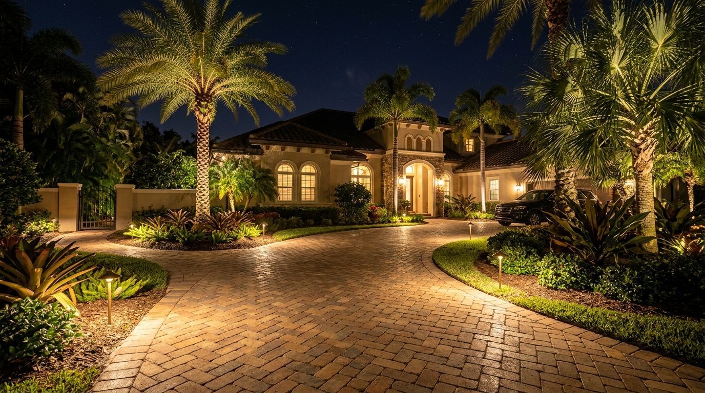 A sunny, paved patio garden featuring a hanging egg chair, various potted plants, a small shed, and a metal garden arch.