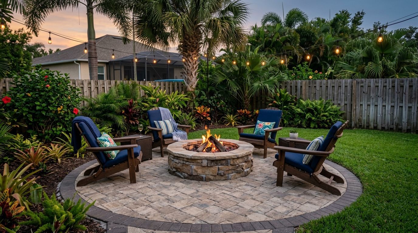 A sunny, paved patio garden featuring a hanging egg chair, various potted plants, a small shed, and a metal garden arch.