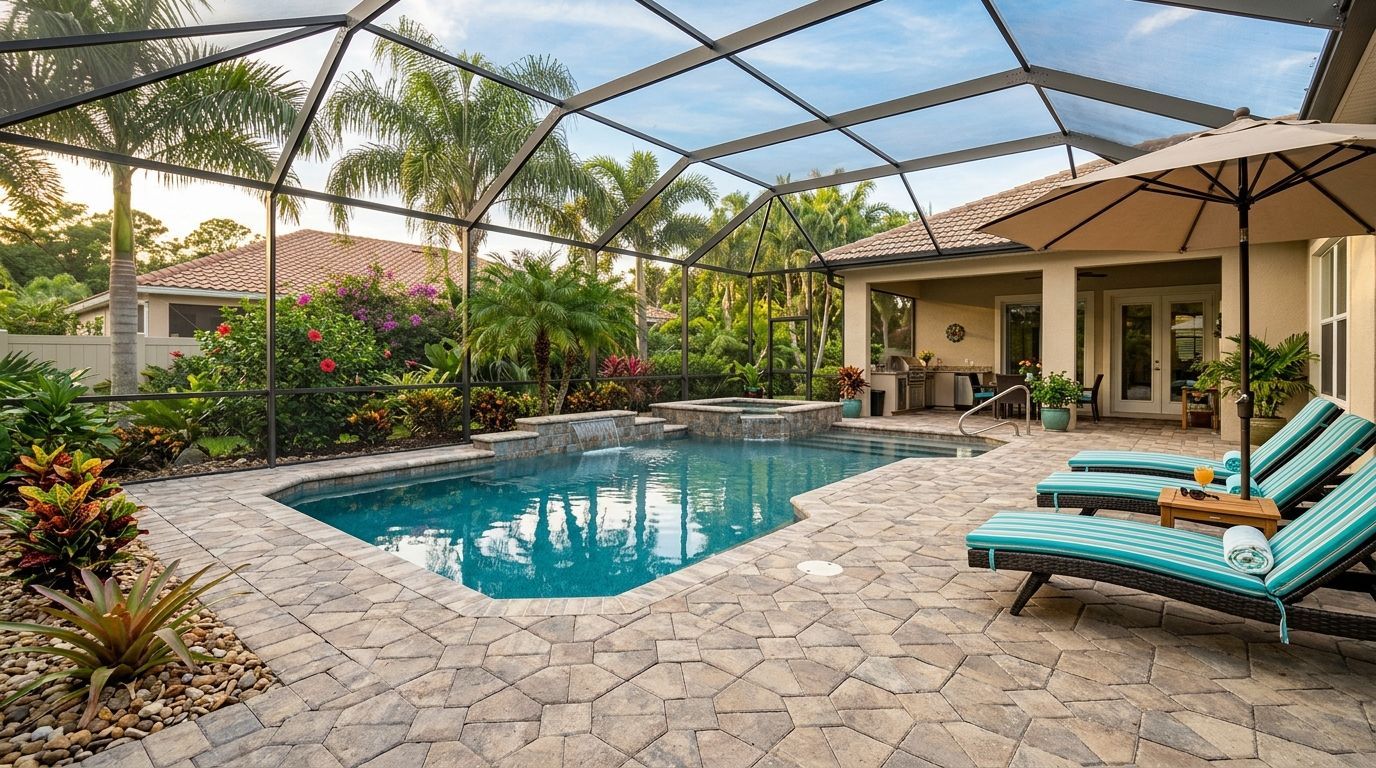 A stone retaining wall beside a paved patio and a row of garden shrubs under a bright, overcast sky.