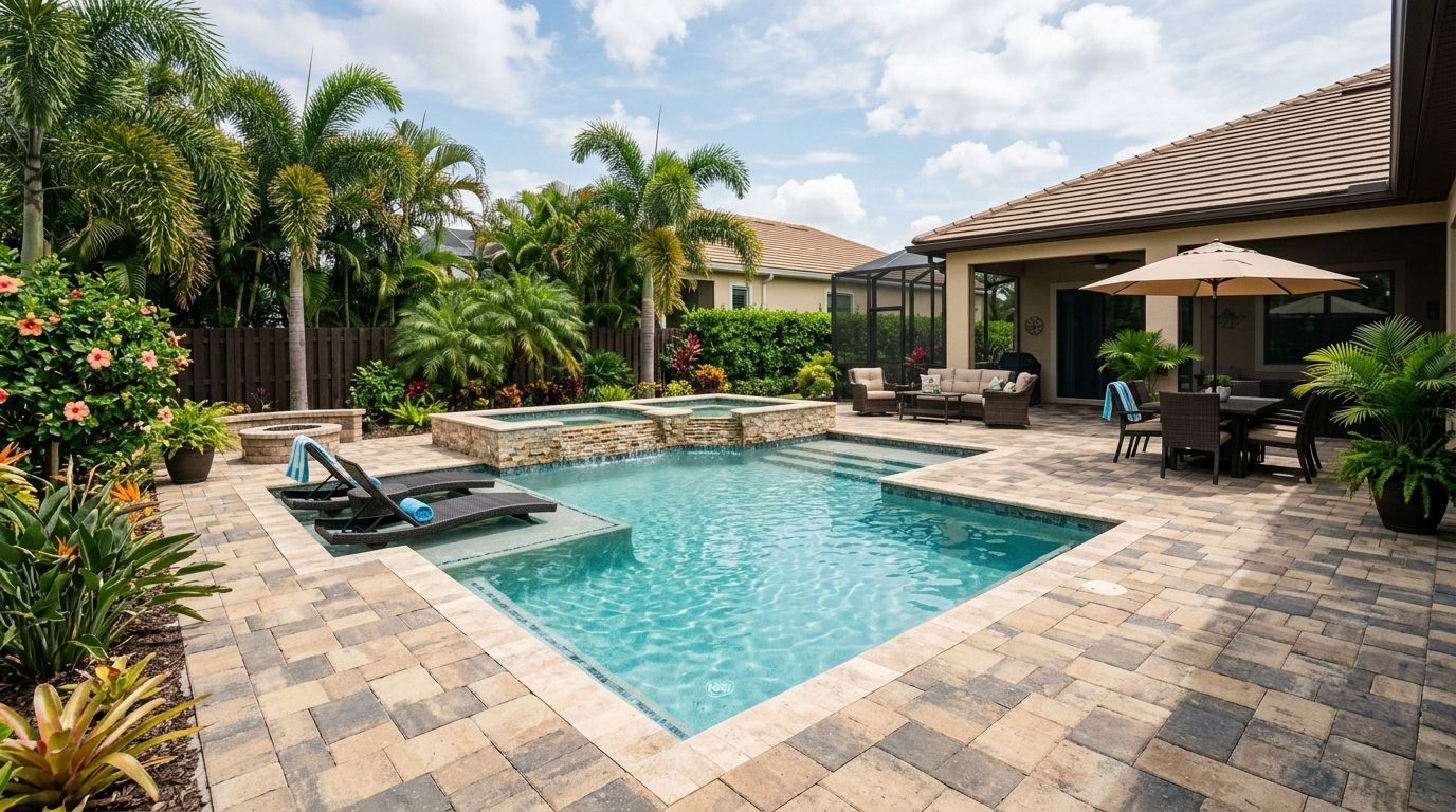 A sunny, paved patio garden featuring a hanging egg chair, various potted plants, a small shed, and a metal garden arch.
