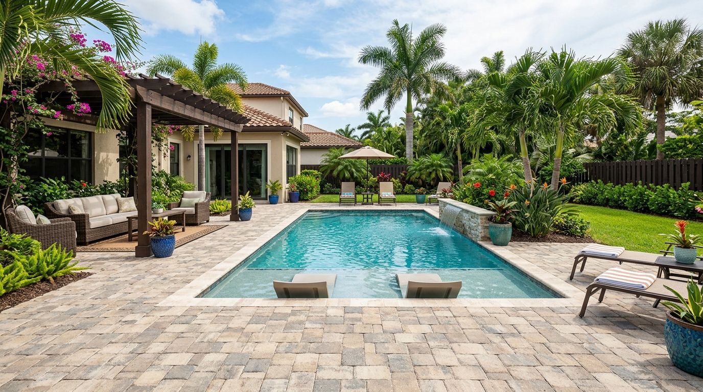 A small cluster of Mexican fleabane with white and pink daisy-like flowers growing in the crack between patio paving slabs.