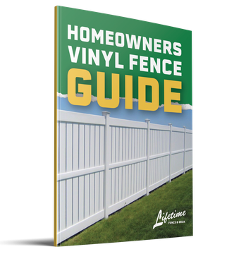 A homeowners vinyl fence guide has a picture of a white fence on the cover