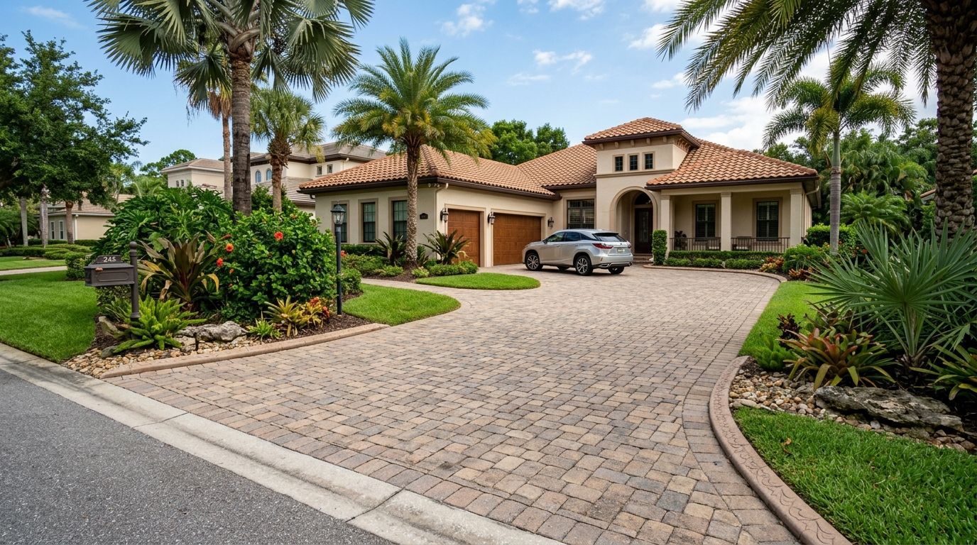 A small backyard patio featuring a grey shed, rattan furniture with an umbrella, and a manicured lawn.