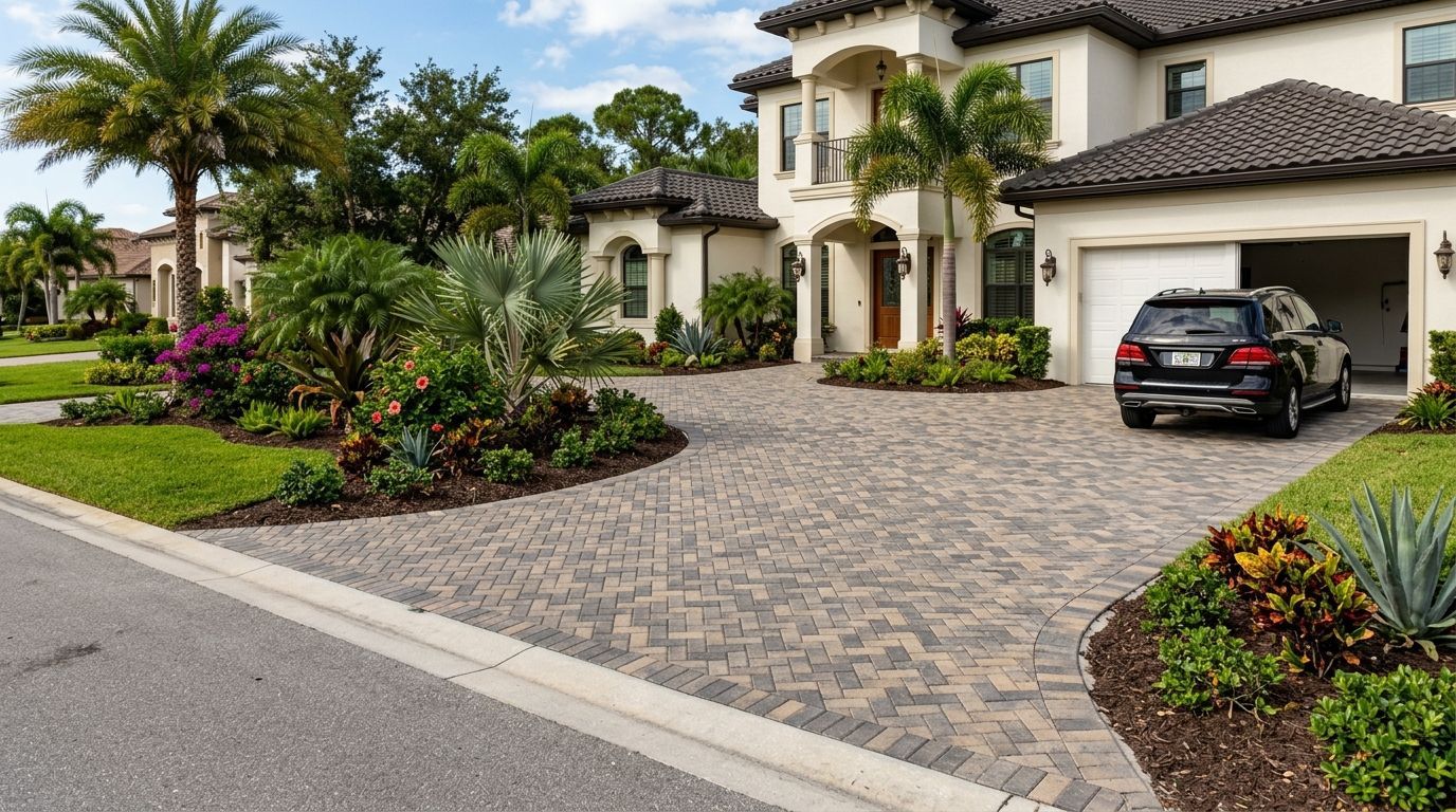 A large beige house with a patterned paver driveway, lush landscaping, and a dark SUV parked in the open garage.