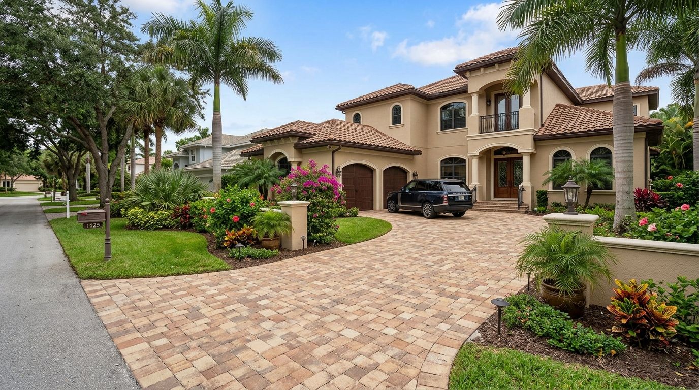 A backyard patio featuring a white hanging egg chair, a small shed, potted plants, and a metal archway on a sunny day.