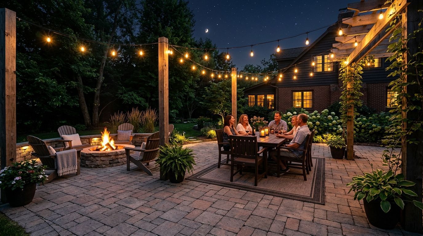 A stone wall borders a paved patio with a gravel drainage strip, set against a backdrop of trees and trimmed hedges.