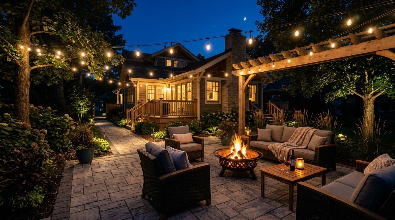 A freshly stained, brown wooden deck with black railings and a gate, overlooking a wooded yard and a white fence.