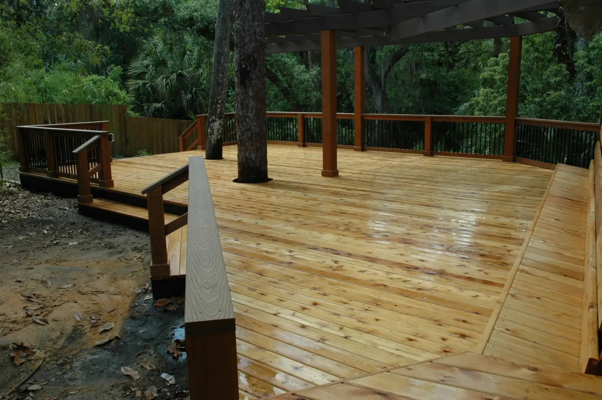A large wooden deck with a pergola and stairs surrounded by trees.
