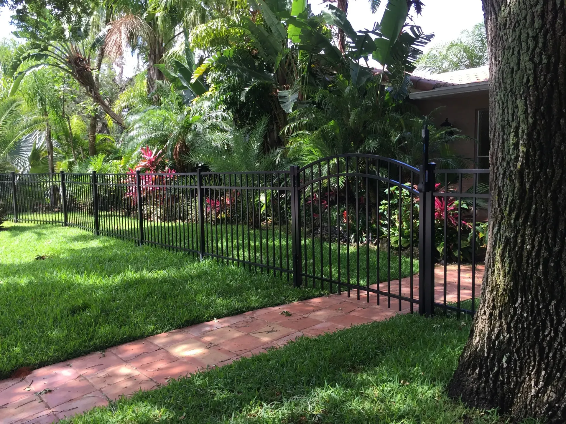 A wrought iron fence surrounds a lush green yard.