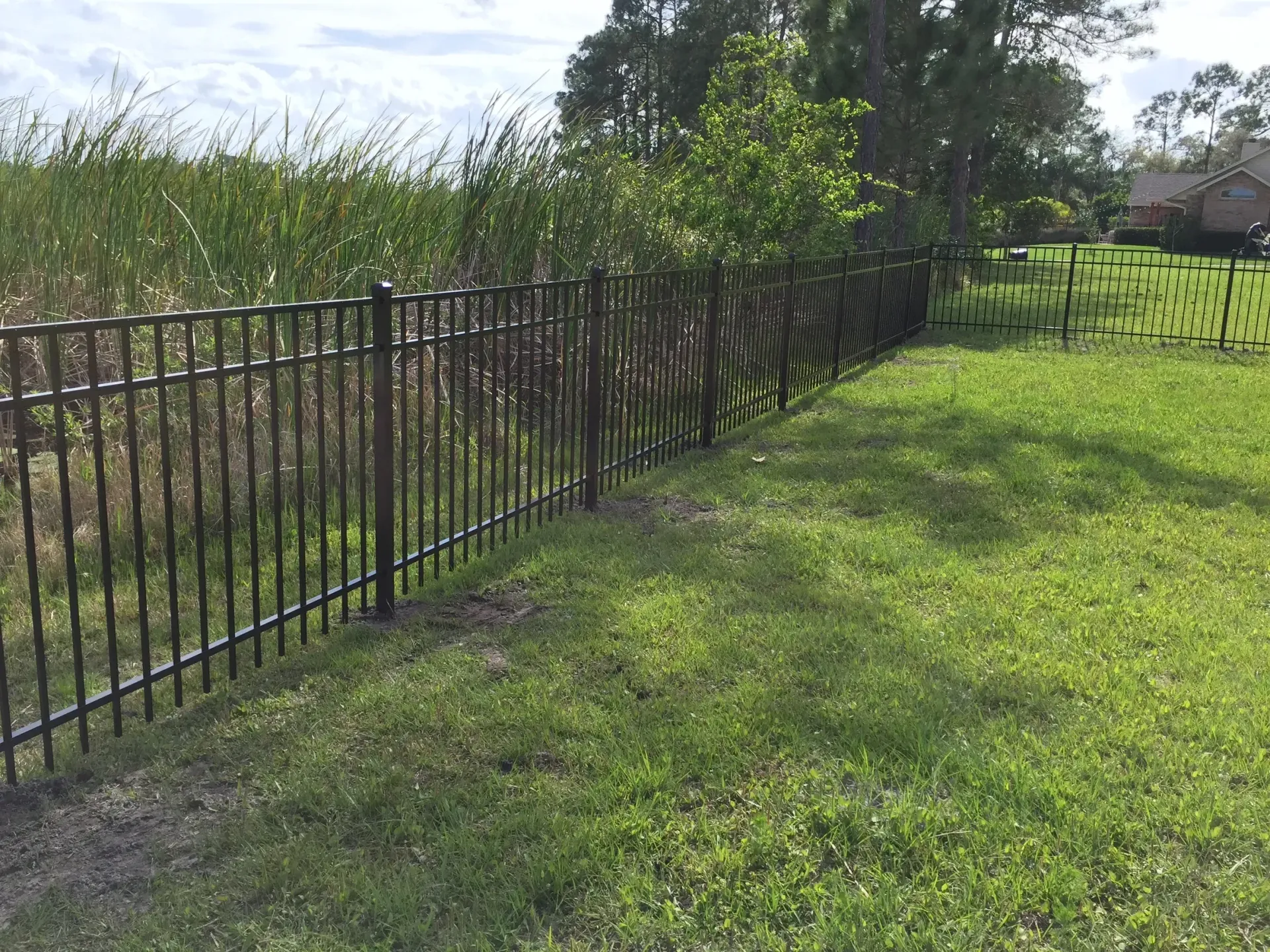 A black metal fence surrounds a lush green field.