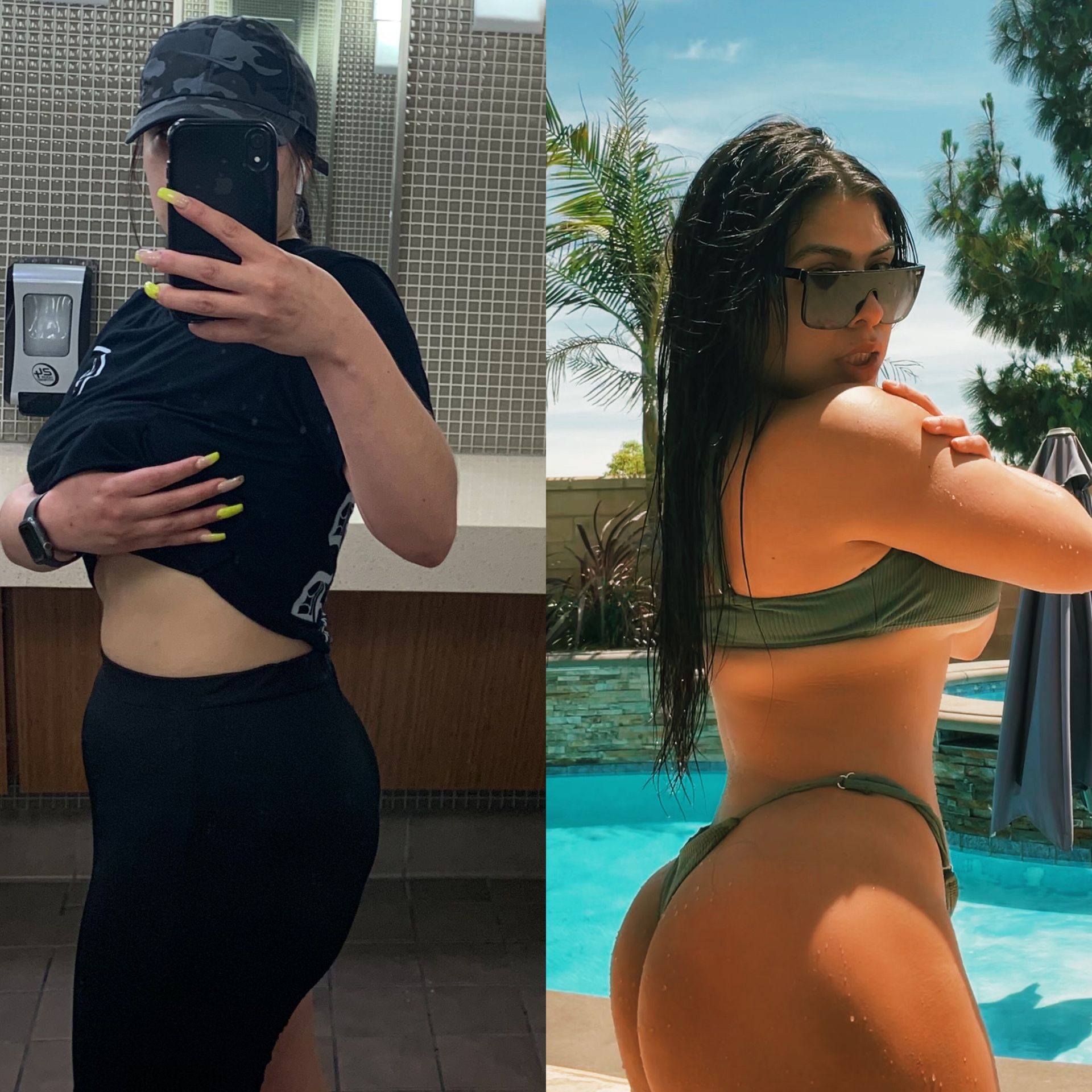 A woman taking a picture of herself in a bathroom and a woman in a bikini standing next to a pool.