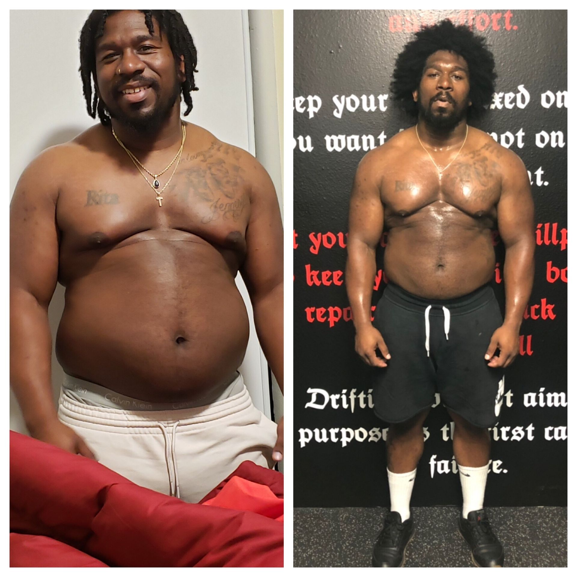 A before and after photo of a shirtless man