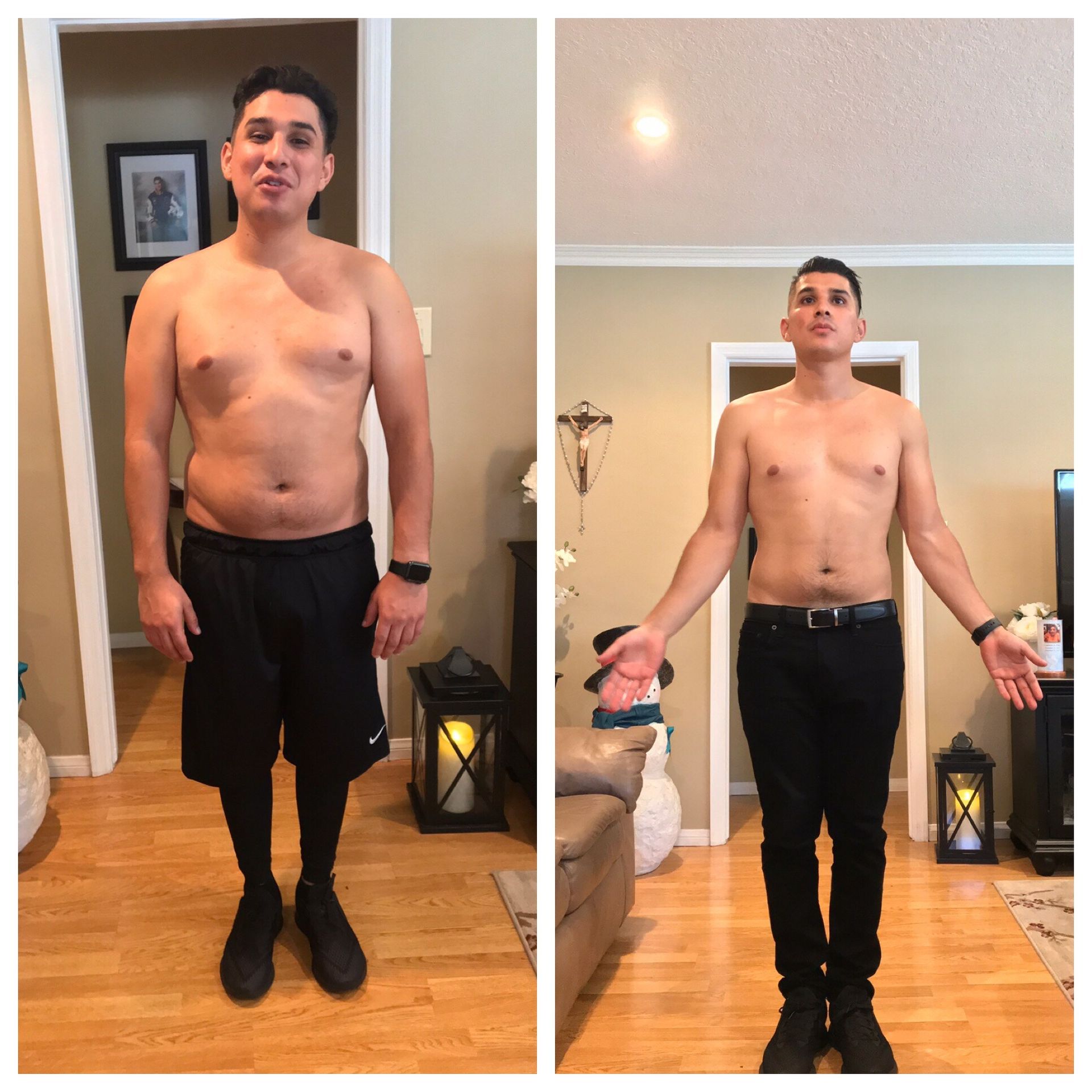 A before and after picture of a shirtless man standing in a living room.