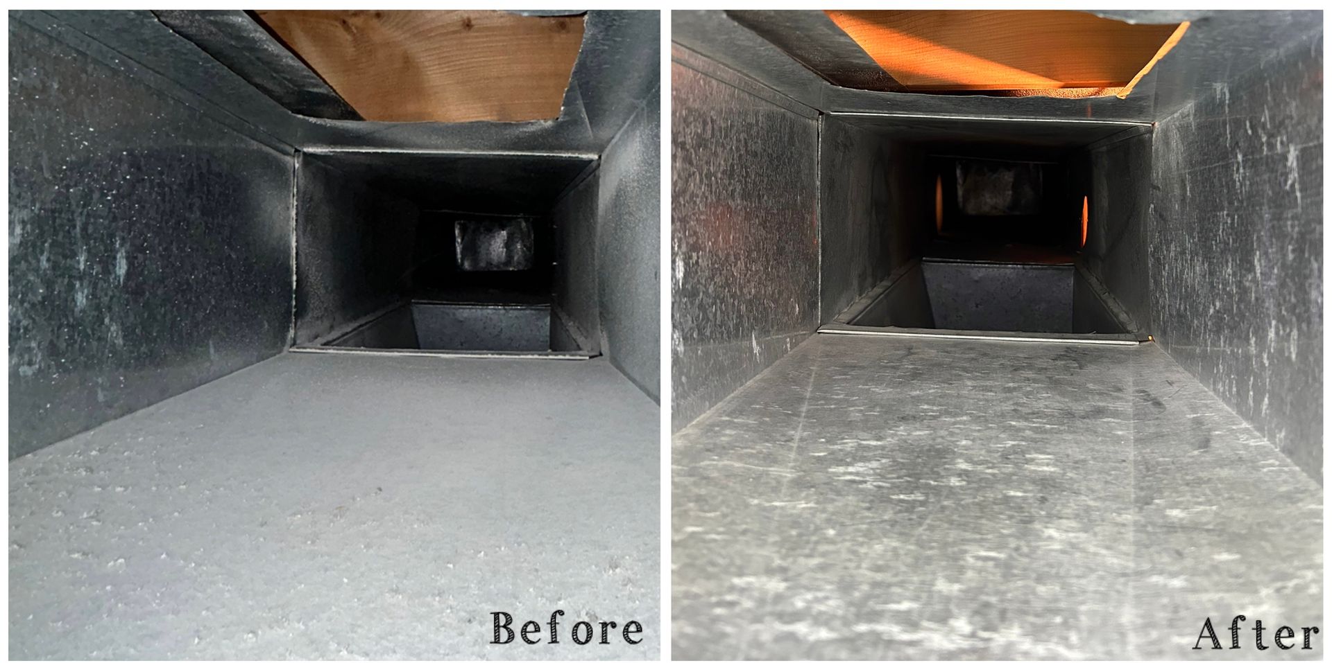 Split view of a duct interior labeled before and after, showing a cleaner surface on the right.