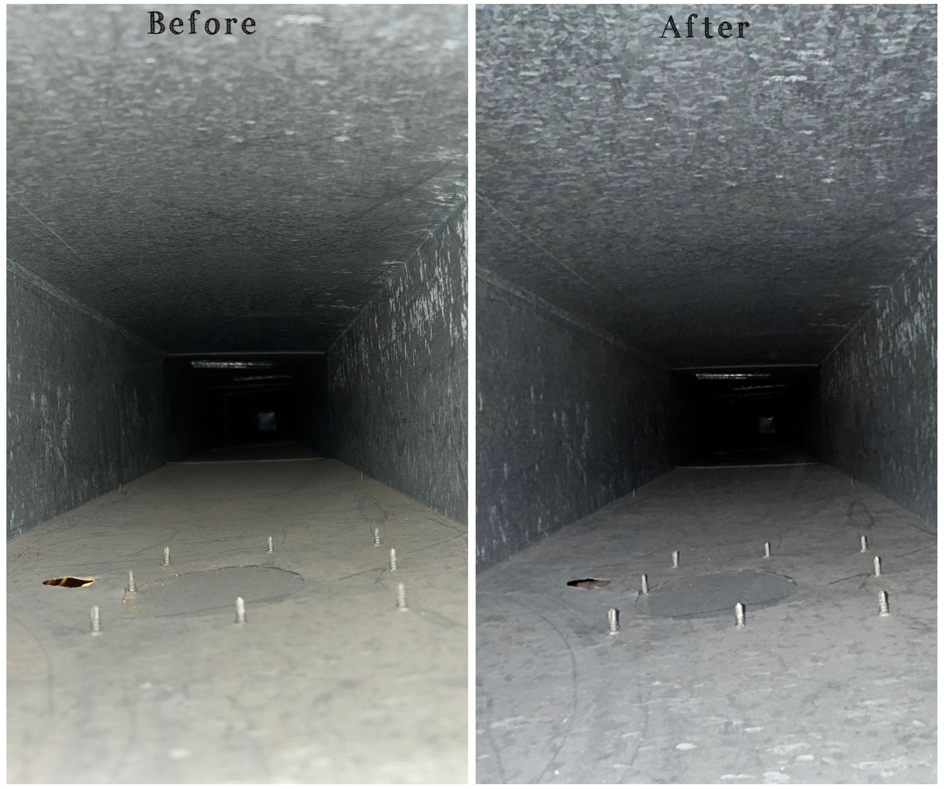 Before-and-after view of a gray tunnel interior with small white markers on the floor.