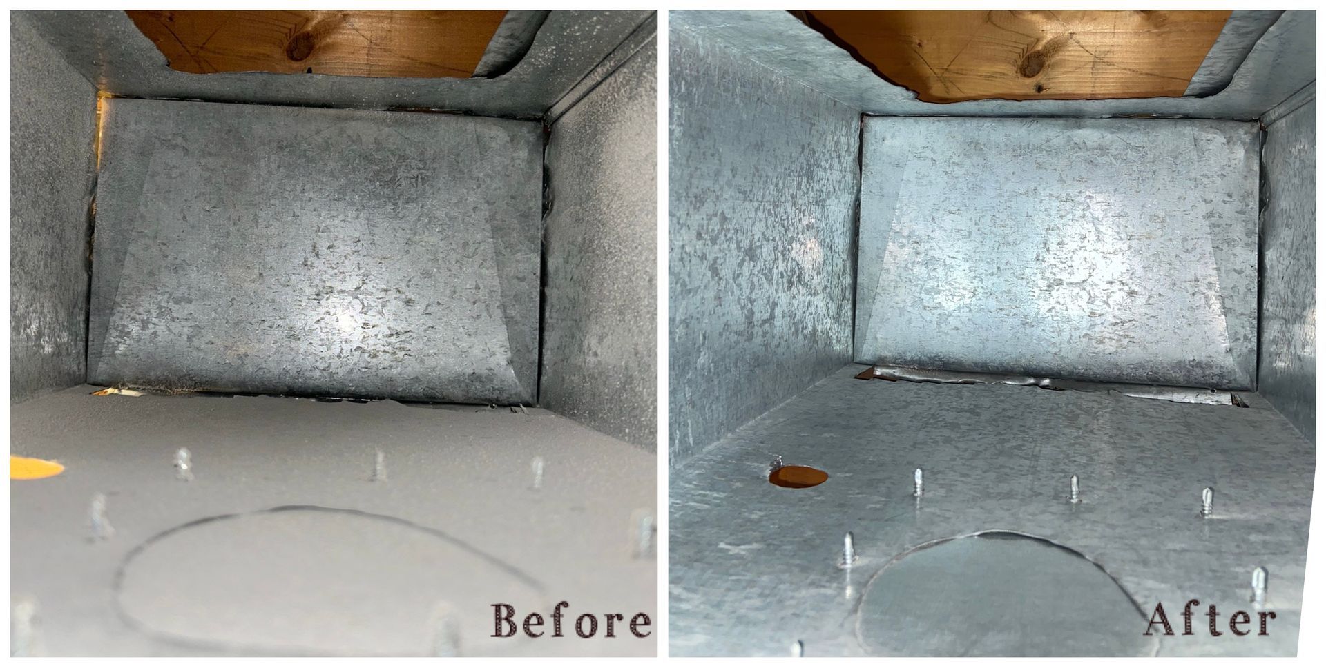 Side-by-side before and after view of a metal vent or duct, with debris removed in the after image.