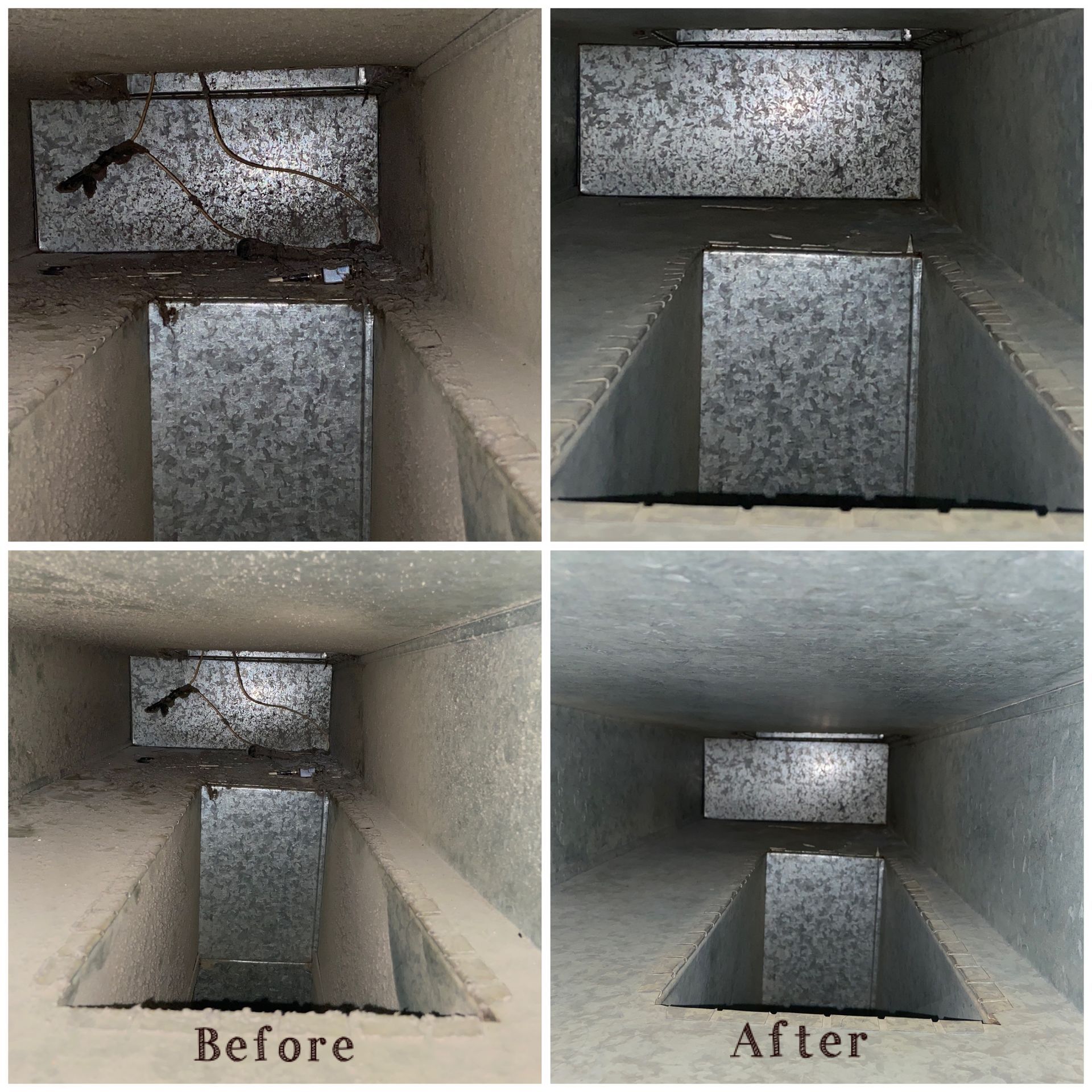 Side-by-side before-and-after view of a rectangular duct or vent interior, showing debris removed.
