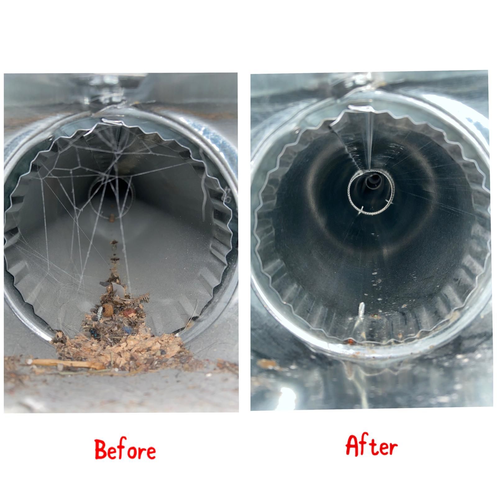 Before-and-after of a dirty duct interior cleared of debris and spiderwebs.