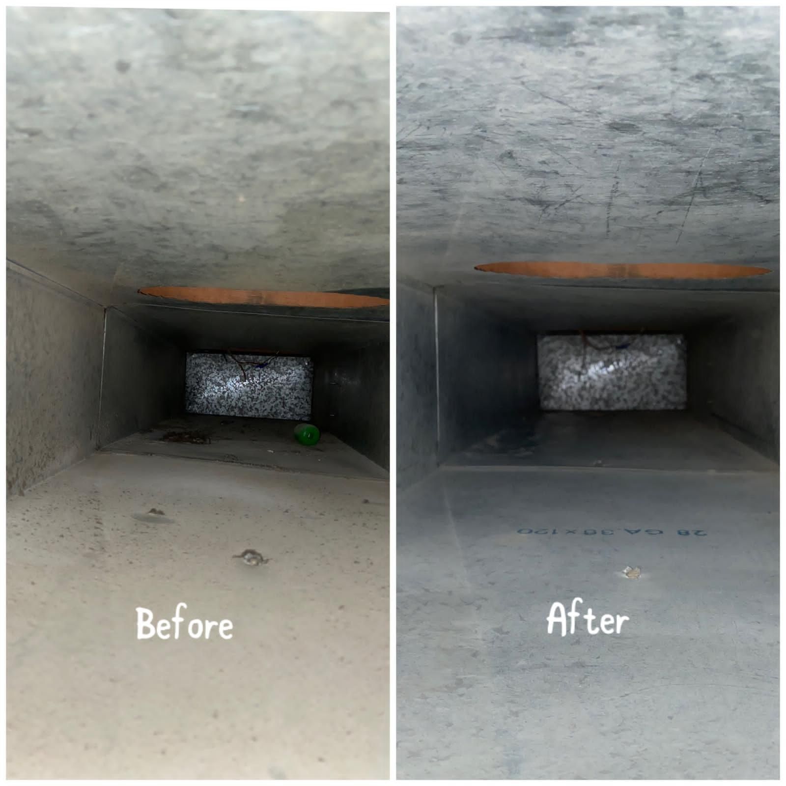 Split view of a concrete vent before and after cleaning, showing a dirty left side and cleaner right side
