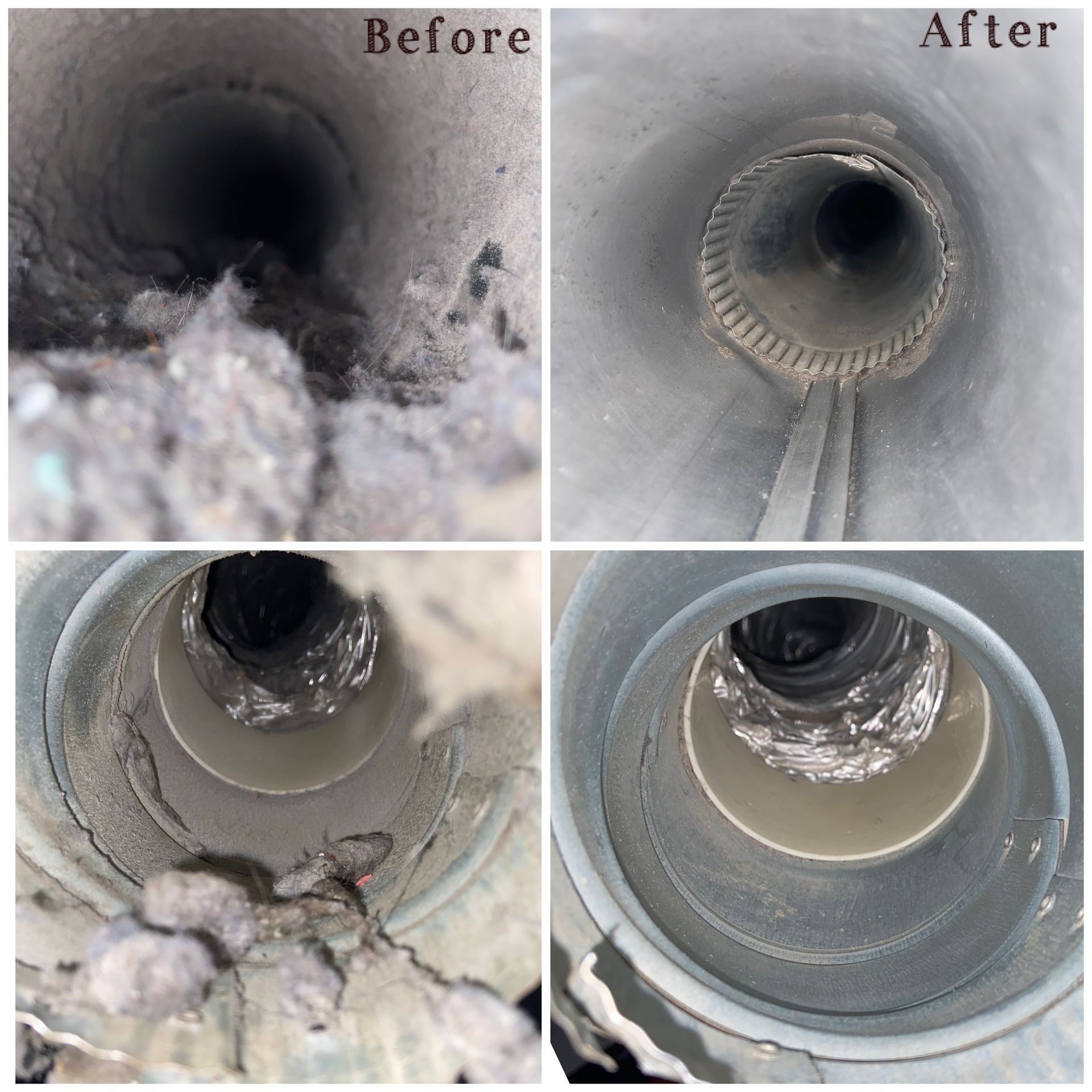 Before-and-after photos of a dirty pipe interior cleaned to a smooth, clear surface.
