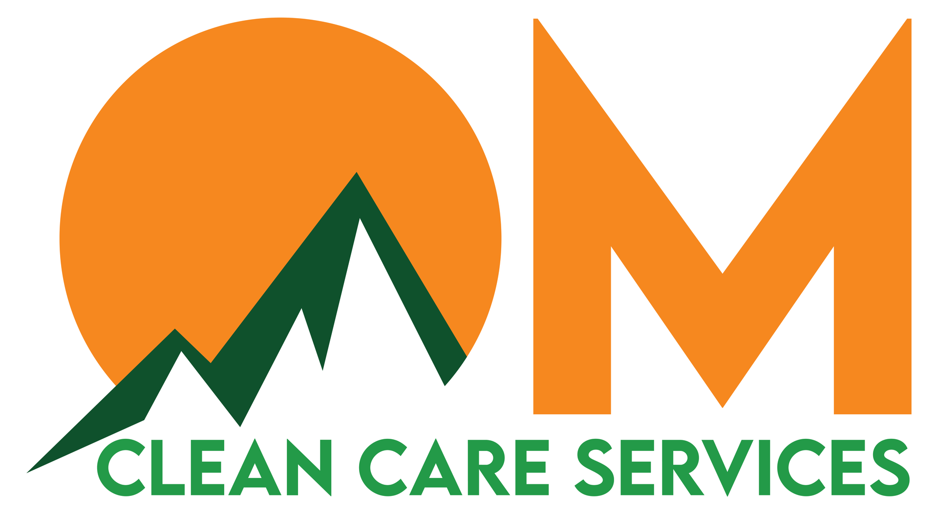 Clean Care Services logo with orange sun, green mountain peaks, and orange “M” icon