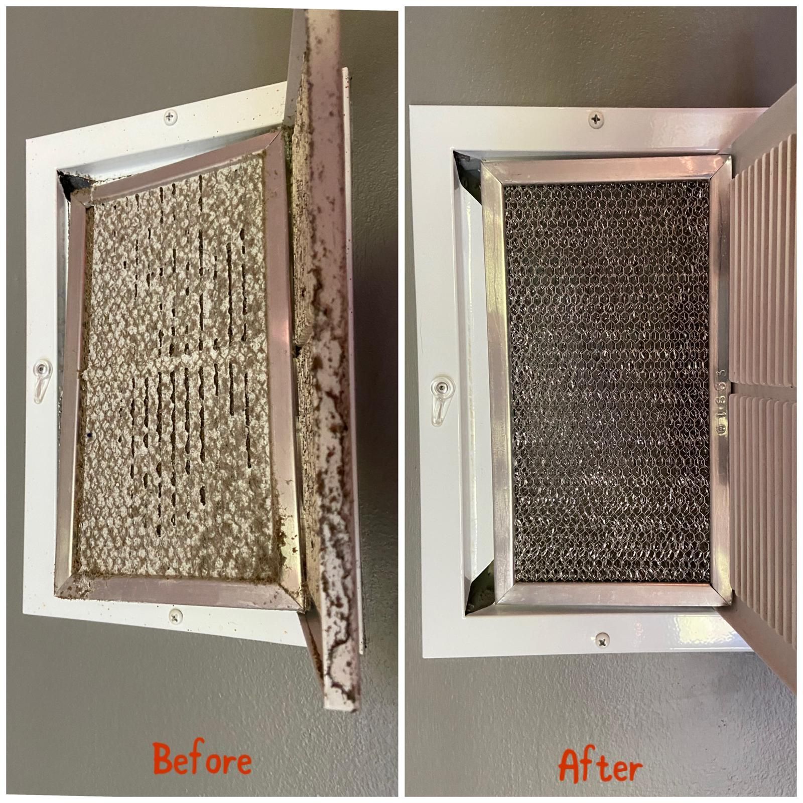 Before-and-after of a dirty vent screen cleaned and reinstalled on a wall panel.