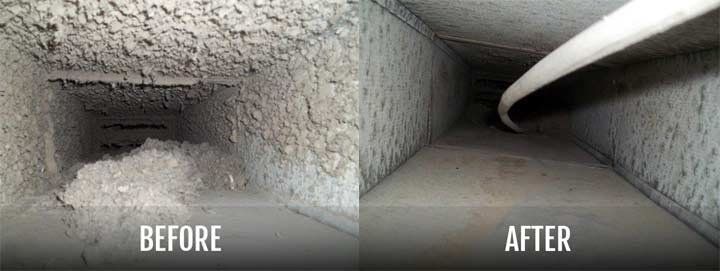 Before-and-after view of a dusty air duct, showing buildup before and a cleaned vent after.