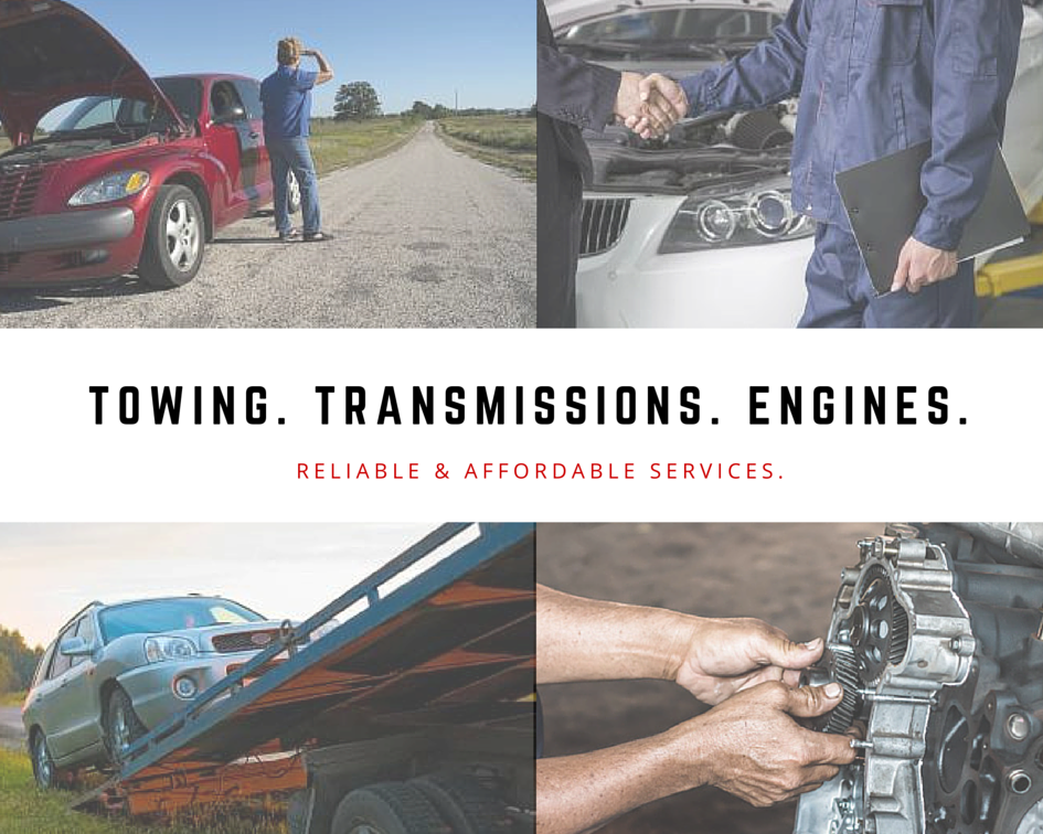 Towing, transmission, and engine repair services advertisement. Includes images of car problems and mechanics at work.