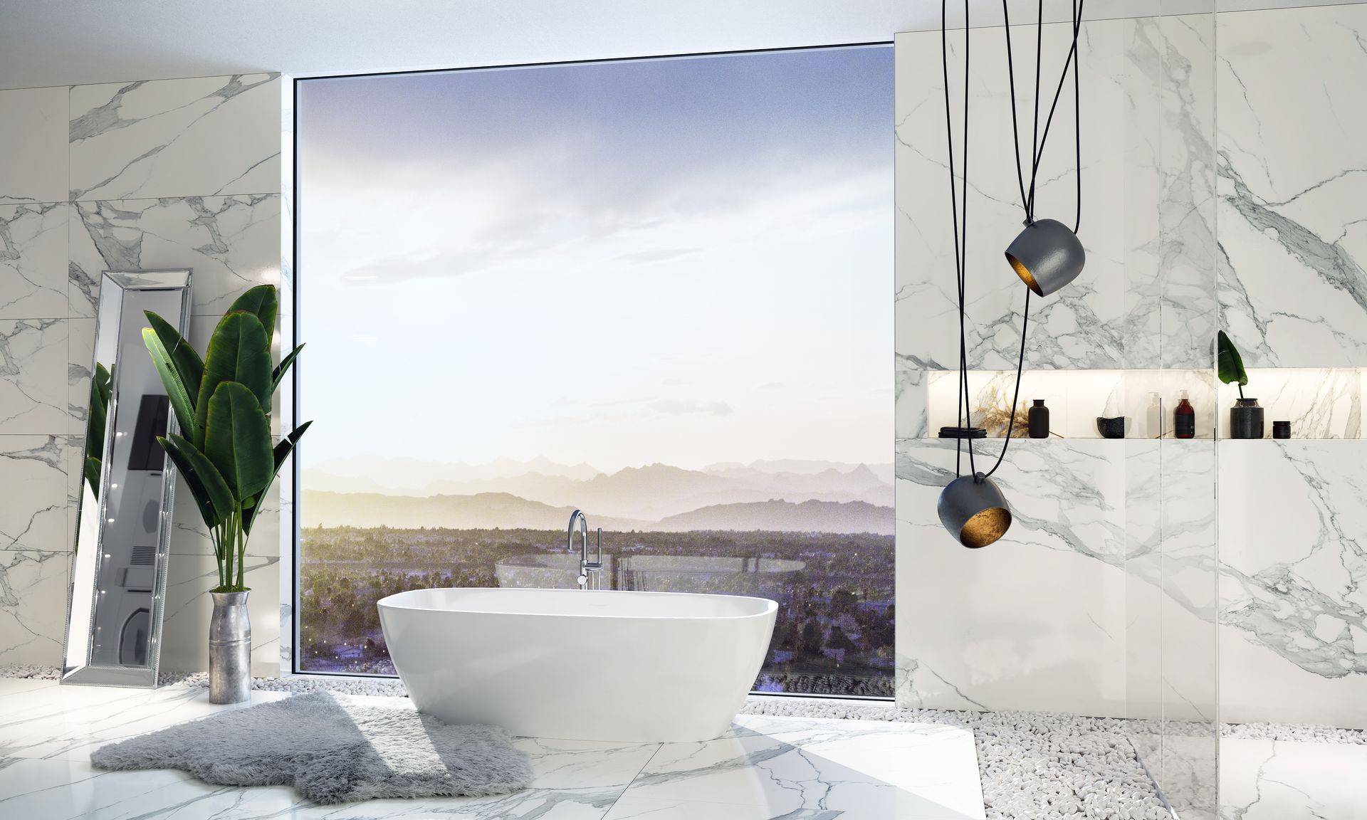 A bathroom with a bathtub and a large window.