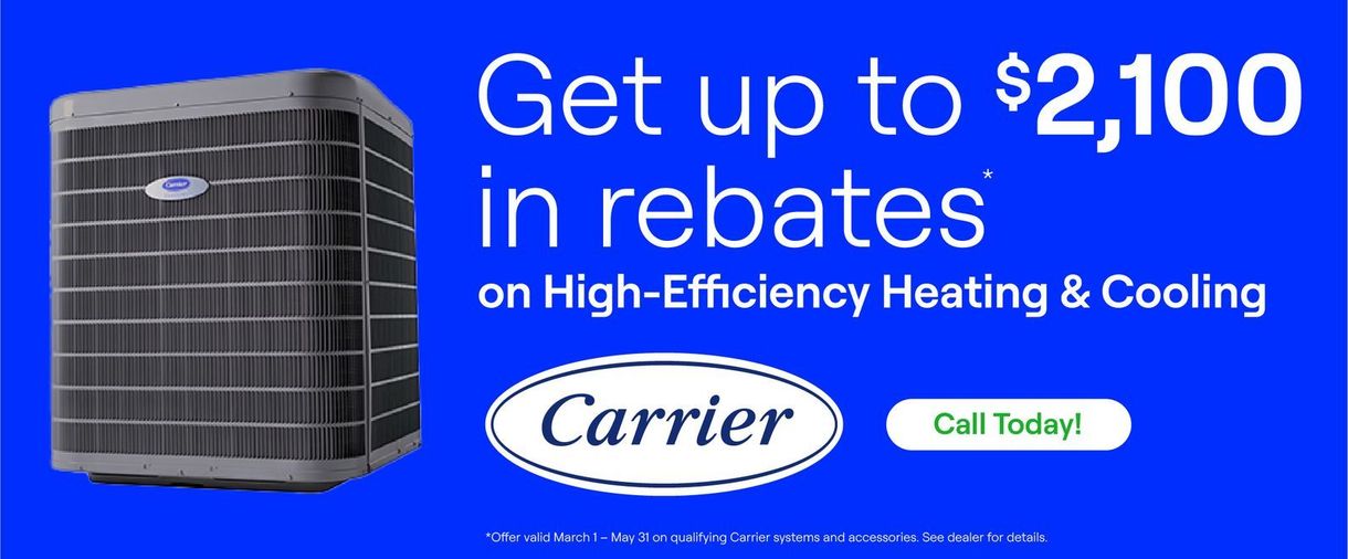 Carrier HVAC ad on blue background: “Get up to $2,100 in rebates” with “Call Today” button.