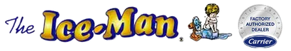 The Ice-Man logo with a cartoon ice worker and Carrier badge on a white background