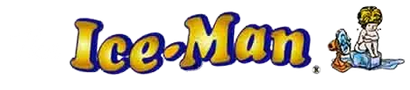 Ice-Man logo in blue and gold with a cartoon man sitting on the right