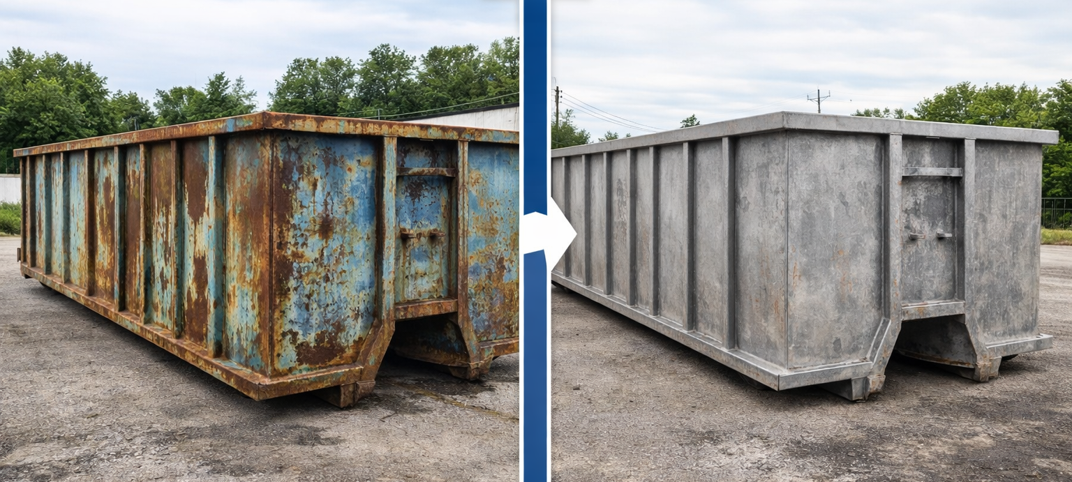 before and after sandblasting dumpster