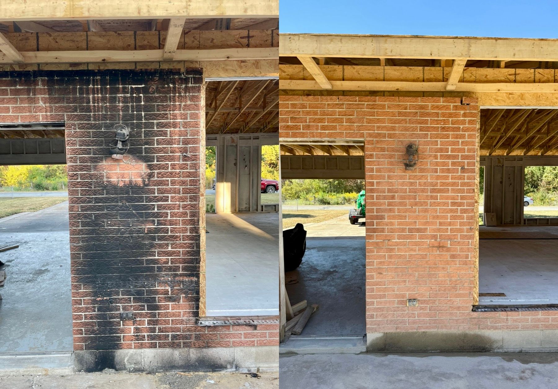 Before and after sandblasting smoke damage from brick house